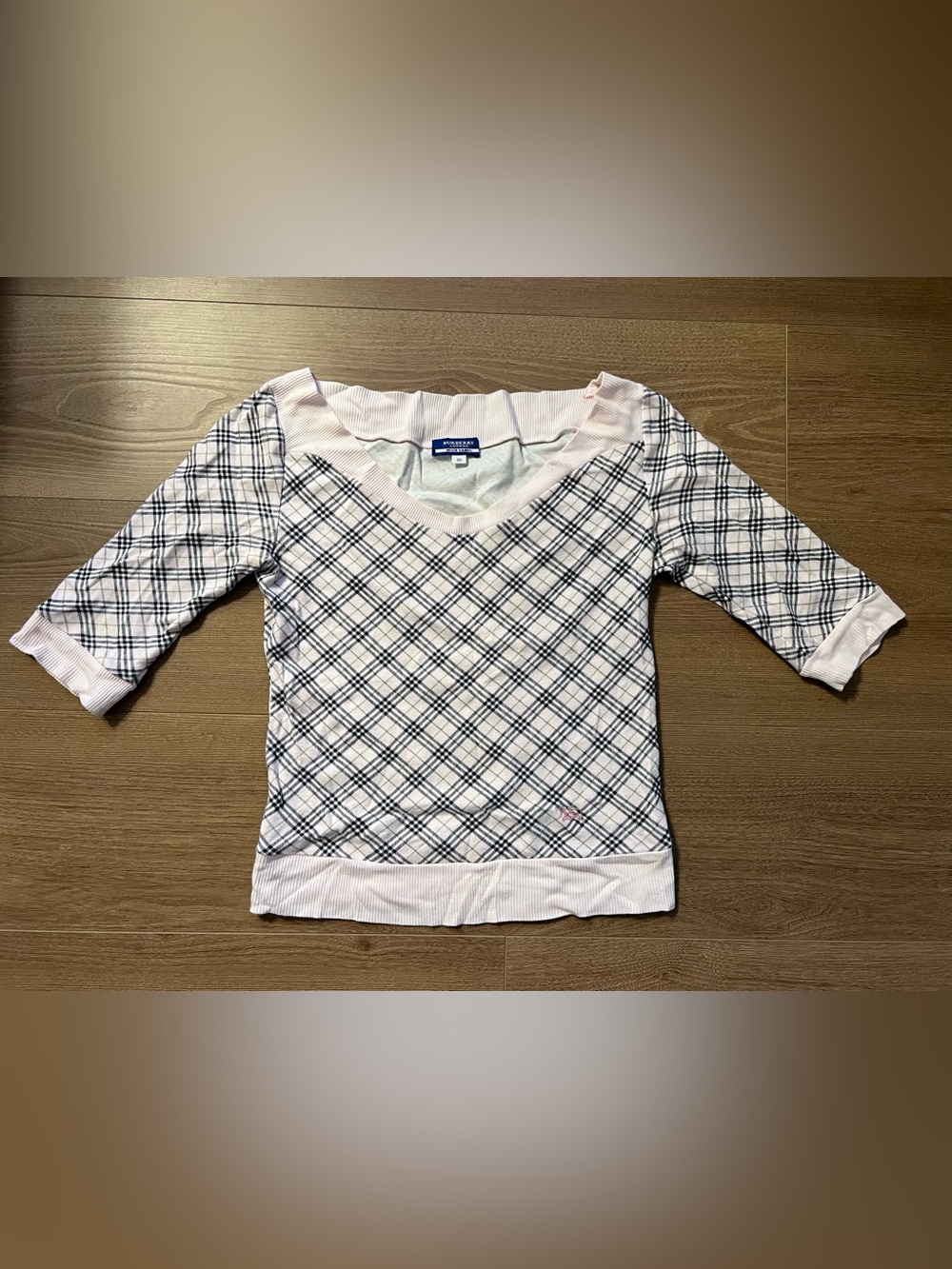 Burberry London Blue Label Pink Plaid Mid sleeve Boatneck Sweater Sz 38 S